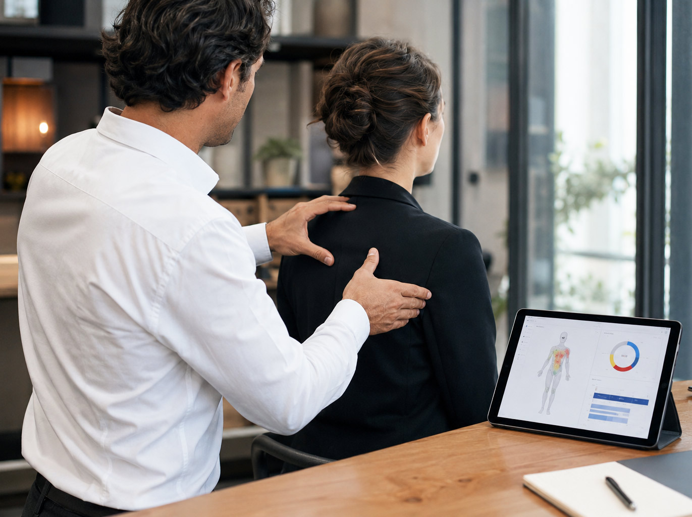 Consultation d’ostéopathie en entreprise avec analyse des tensions du dos et indicateurs ergonomiques.