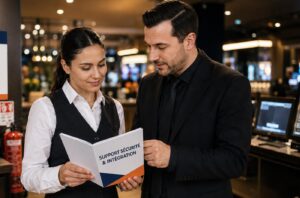 Responsable accompagnant une nouvelle salariée avec un support sécurité et intégration dans un environnement d’hôtellerie-restauration.