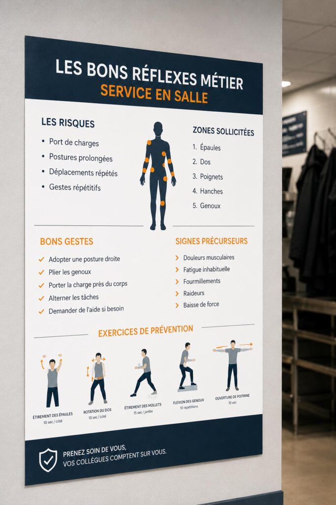 Affiche de prévention métier présentant risques, zones sollicitées, bons gestes et exercices de prévention en entreprise.