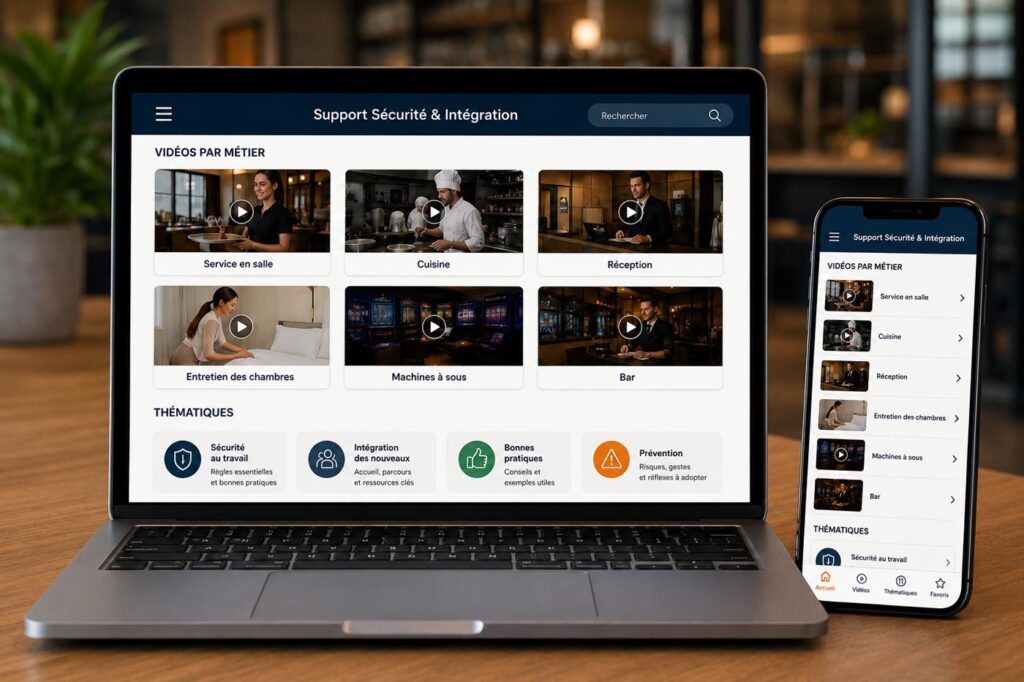 Plateforme digitale de support sécurité et intégration avec vidéos métier consultables sur ordinateur et mobile.