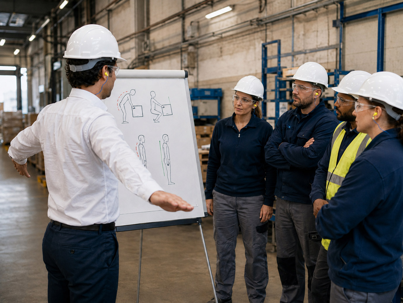 Formation prévention TMS en industrie : démonstration des gestes et postures devant les équipes.