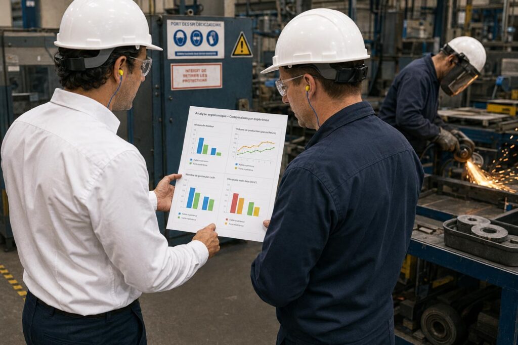 Restitution d’une analyse ergonomique avec indicateurs de douleur, gestes, production et vibrations.