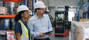 Responsable observant une situation de travail en entrepôt industriel pour analyser les causes d'absentéisme liées aux troubles musculosquelettiques