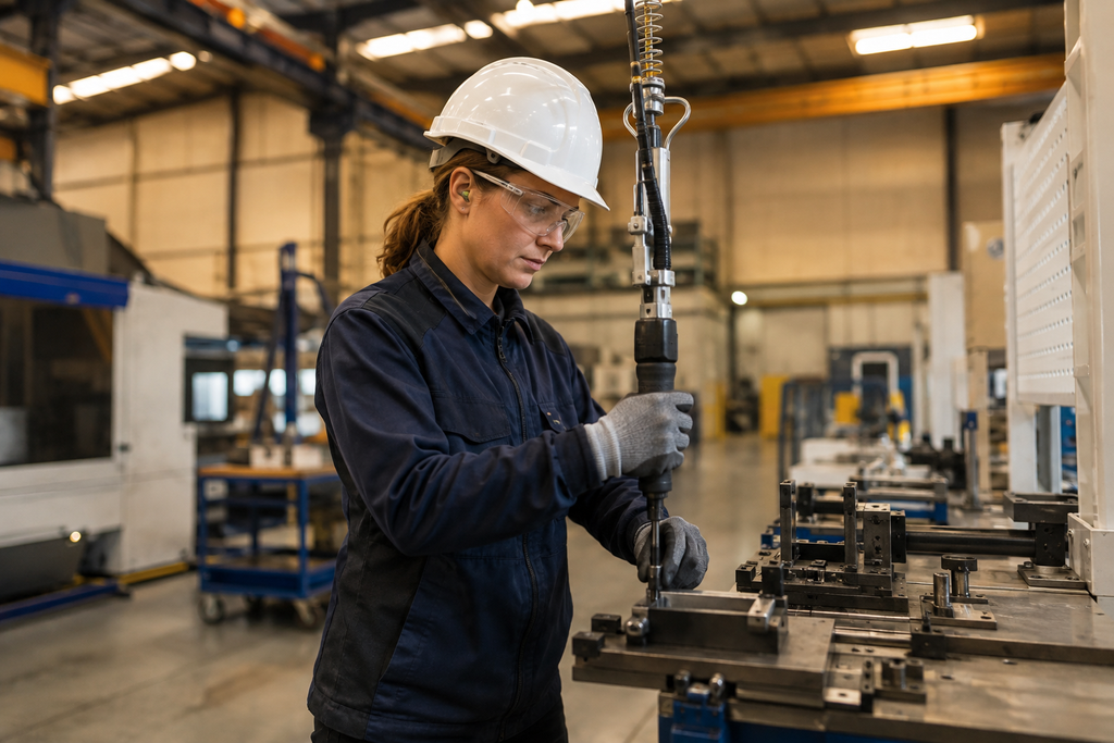 Poste de travail industriel réaménagé pour réduire les contraintes posturales