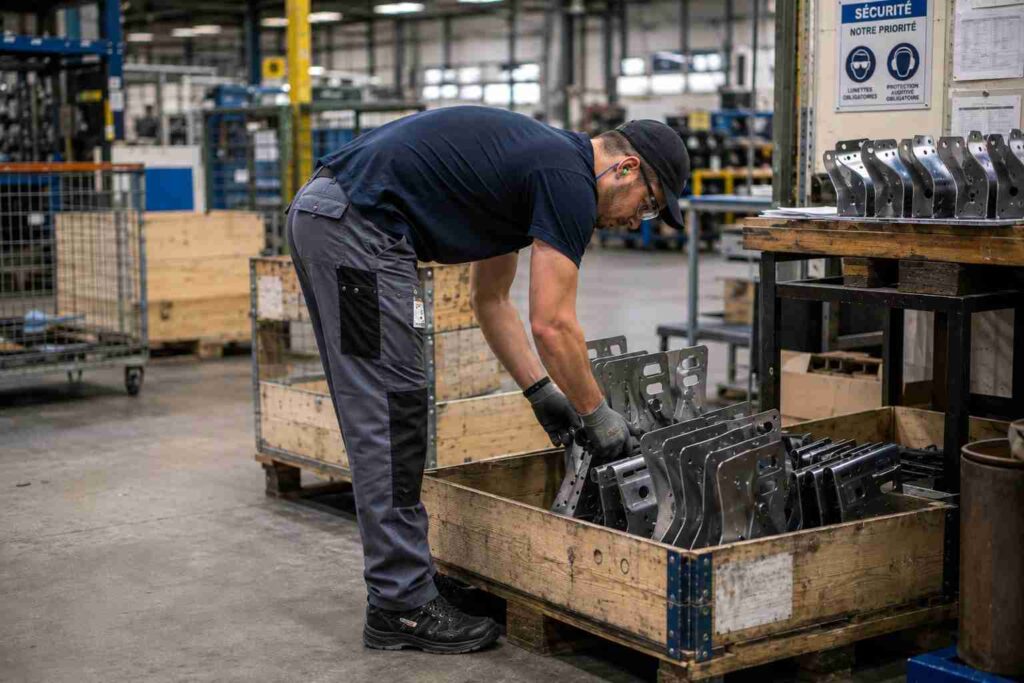 Opérateur sur une ligne de production industrielle en poste polyvalent, geste contraint observé avant une démarche de prévention TMS