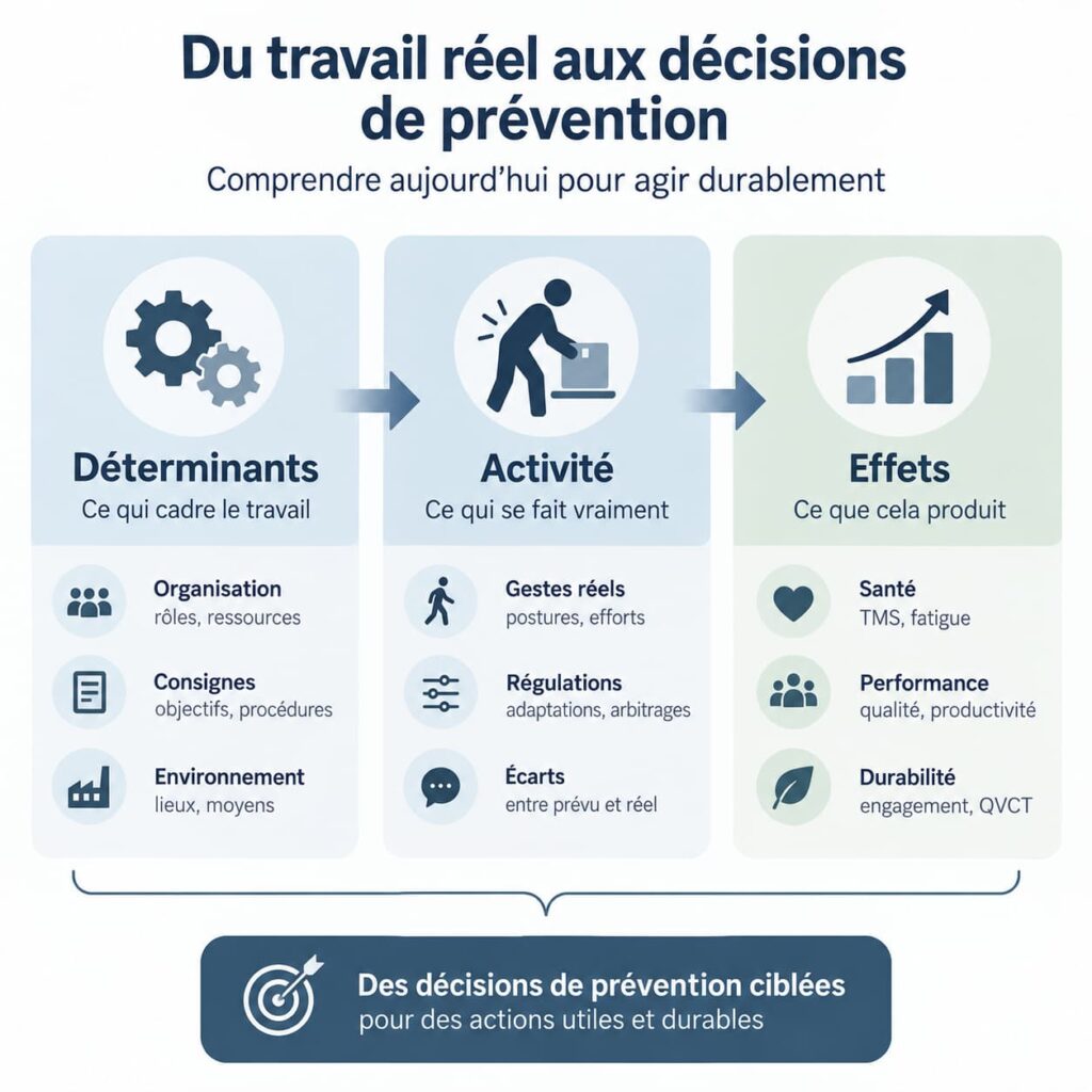 Schéma de la méthode Appicare : Déterminants, Activité, Effets, du travail réel aux décisions de prévention