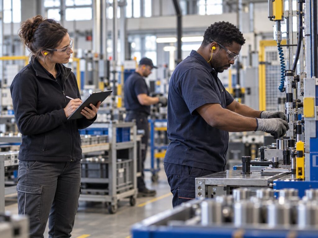Consultant en ergonomie observant un opérateur en situation réelle de travail sur un poste de production