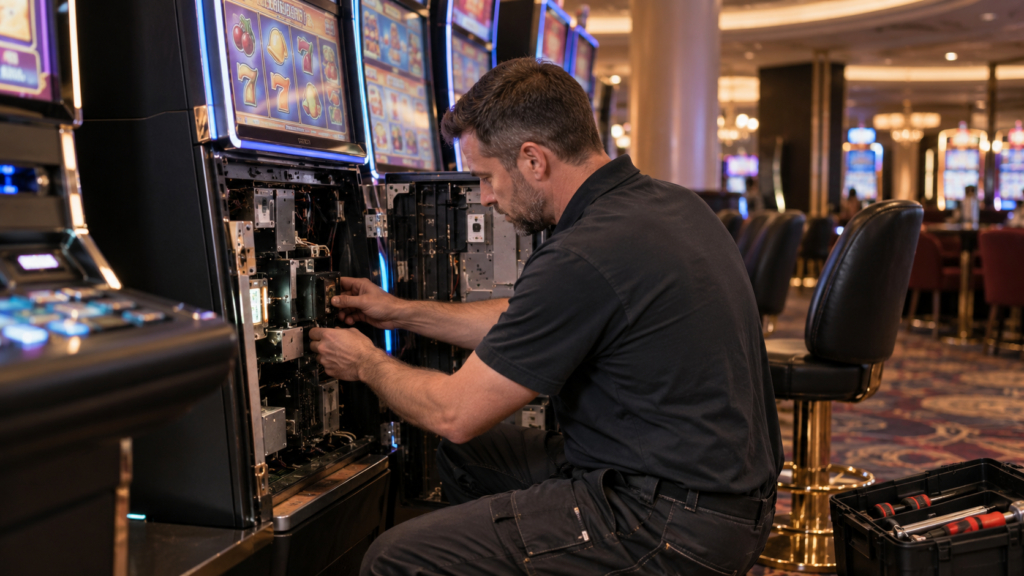 Technicien effectuant une opération de maintenance sur un équipement de jeu, illustrant une situation de travail exposée aux TMS.