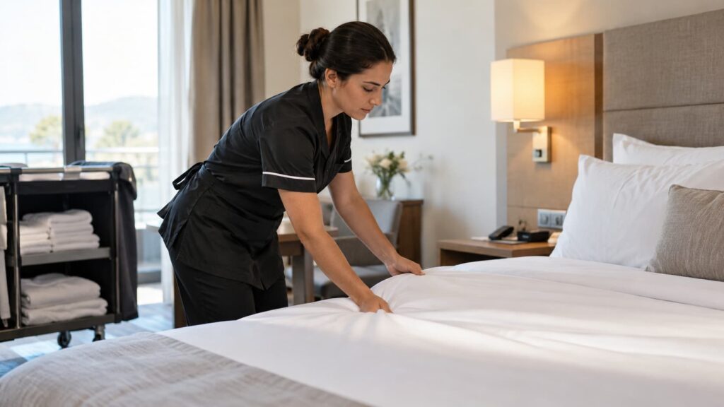 Professionnelle de l'hôtellerie réalisant une tâche de manutention dans une chambre, situation de travail exposée aux TMS.
