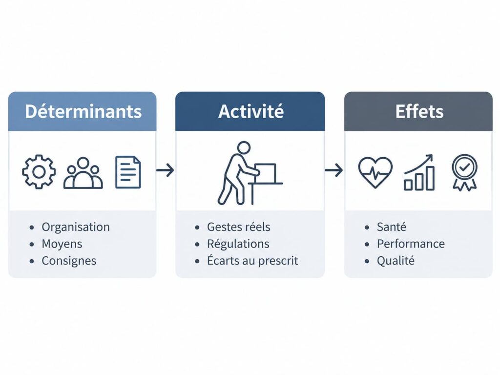 Infographie représentant la méthode déterminants, activité, effets utilisée en analyse ergonomique.