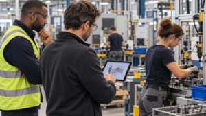 Responsable HSE et consultant en ergonomie analysant un diagnostic de poste de travail en atelier industriel